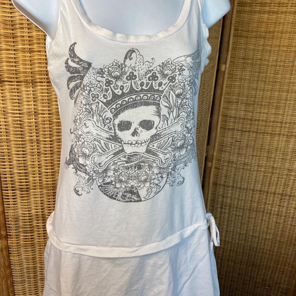 Y2K White Cotton Tank Dress with Skull Graphic